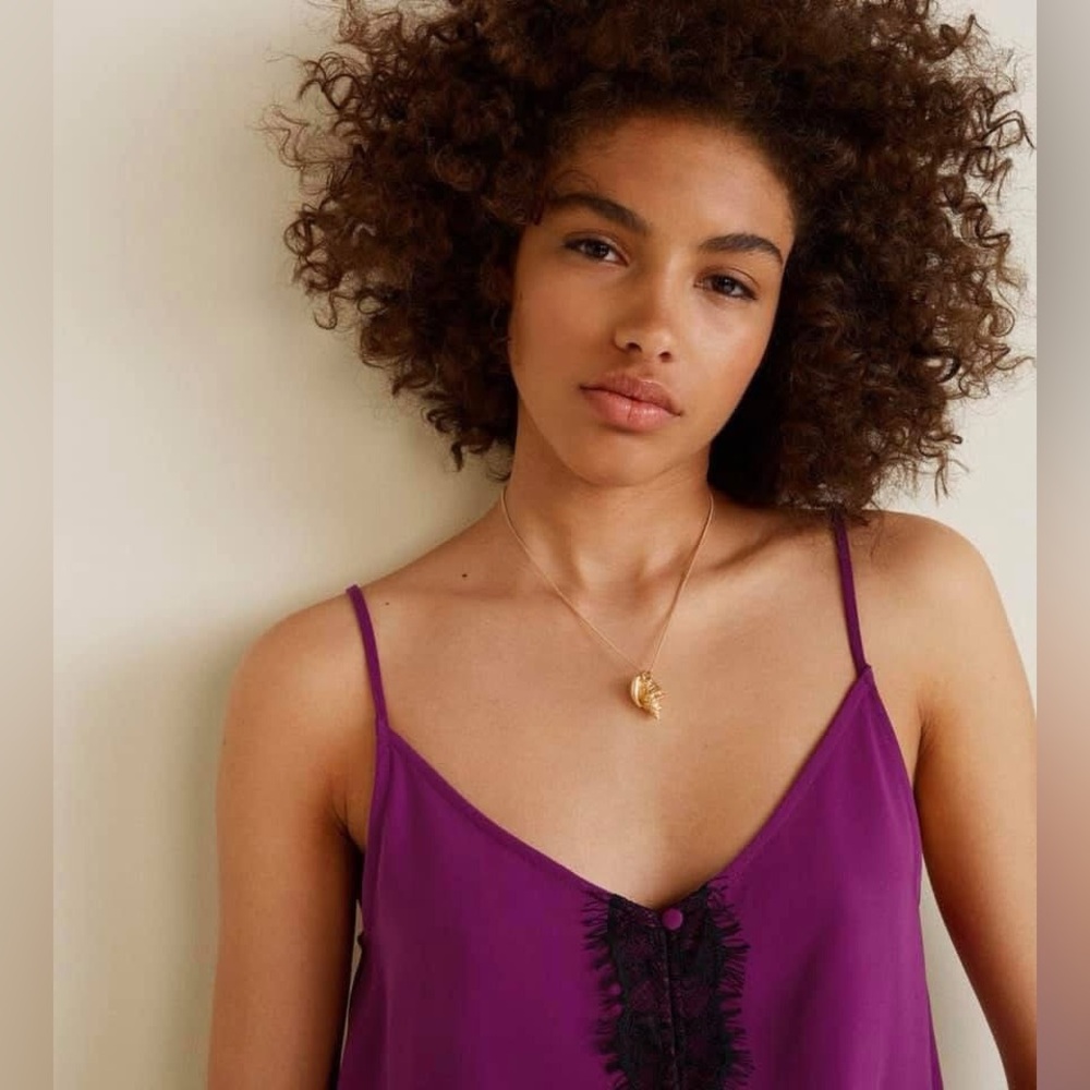 Mango Deep Purple Lace Trim Top